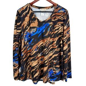 A la Carte Womens Sz XL Wearable Art to Wear Zebra Blue Brown Blouse Shirt Top